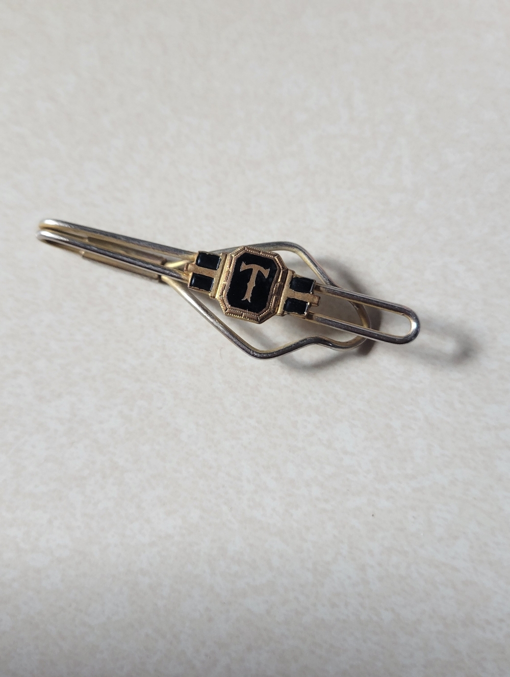 Gold and Black Tie Bar with Monogram T